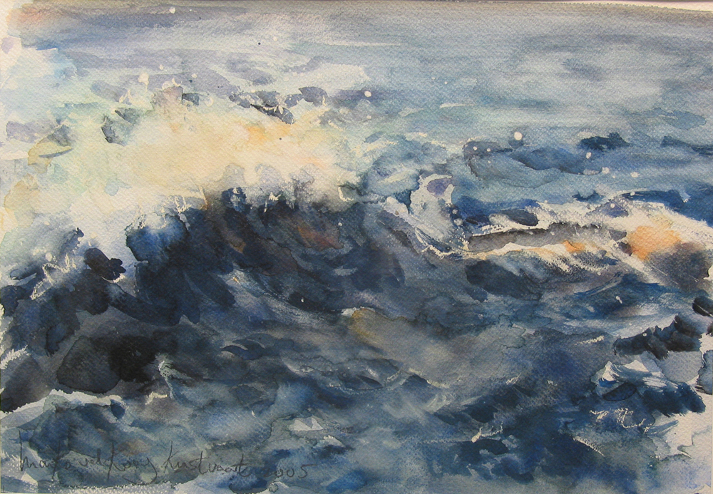 Zonder titel met blauw, groen en wit met impressie van golven, aquarel door M. van der Kooy, 2005