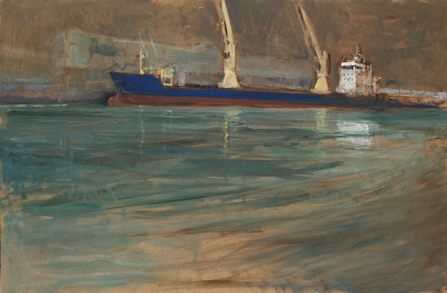 Kustvaarder 'Wisaforest' op zee, olieverf op doek door T. van der Zee, 2005.