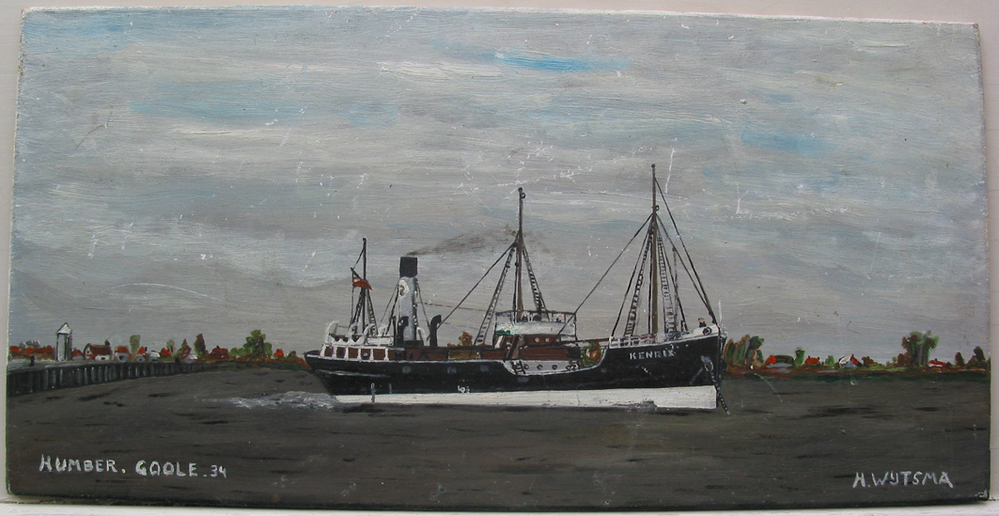 Stoomvracht en passagiersschip de 'Kenrix', varend in de haven van Goole aan de  Humber, olieverf op paneel door  H. Wijtsma, 1934.