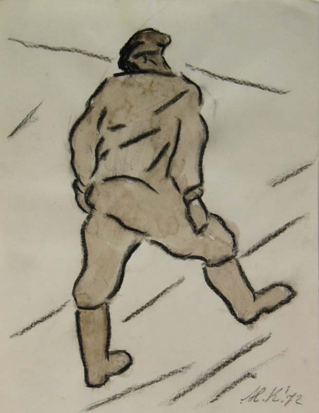 Dijkwerker, krijt/waterverftekening, M. Klompien, 1972