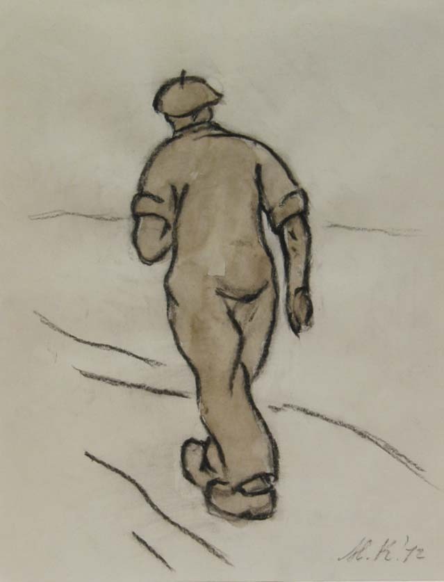 Dijkwerker, krijt/waterverftekening, M. Klompien, 1972