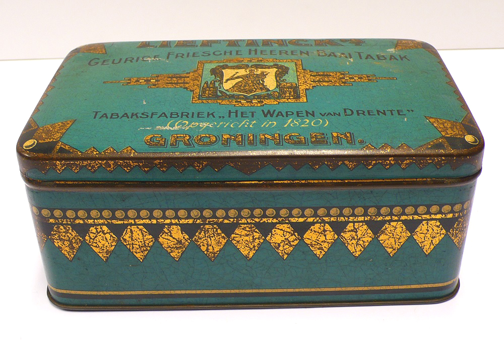 Groen/bruin tabaksblik met opdruk