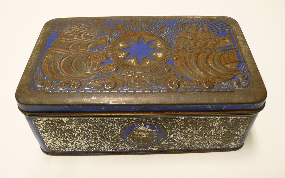 tabaksblik, zilverkleurig met blauwe ster