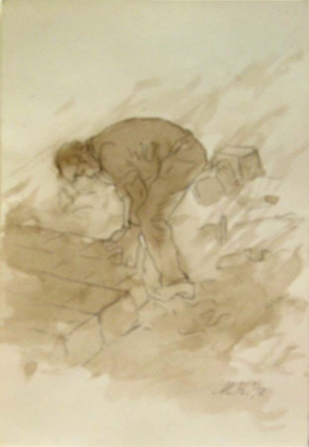 Dijkwerker Eemshaven, waterverf/potloodtekening, M. Klompien, 1972