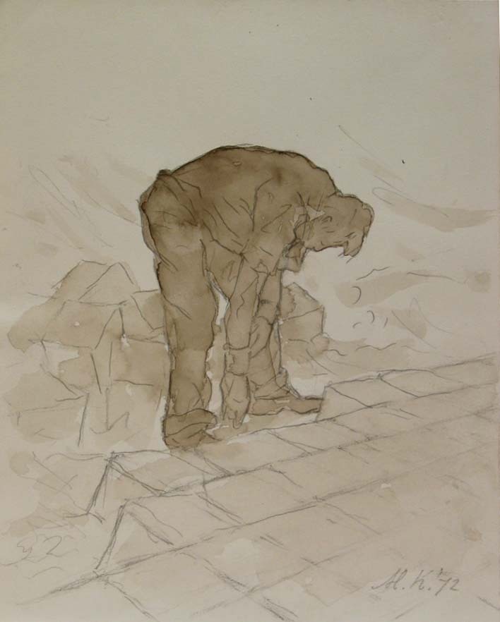 Dijkwerker Eemshaven, potloodtekening, M. Klompien, 1972