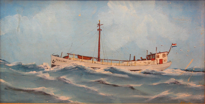 Scheepsportret van de kustvaarder 'Friesland' in volle zee, door Klaas Koster ca. 1950-1970.