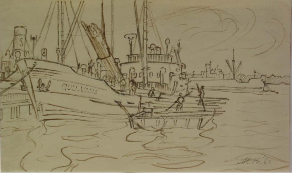 Houtladen te Yxpila, Finland, viltstifttekening, M. Klompien, 1961