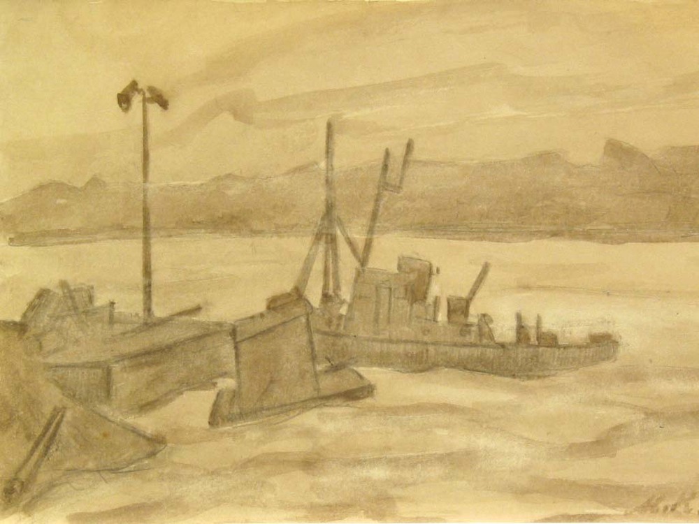 Husum (Zw.), waterverftekening, M. Klompien, 1961