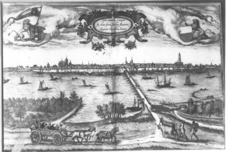 Stadsaangezicht in vogelvluchtperspectief van Kampen door Braun en Hogenberg, 1572