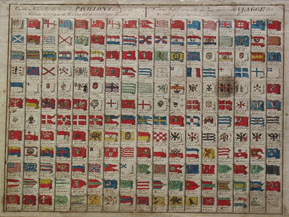 Nieuwe Tafel van alle zeevarende Vlagge der Wereld, pentekening en aquarel door Anna S. Pranger, 1797.