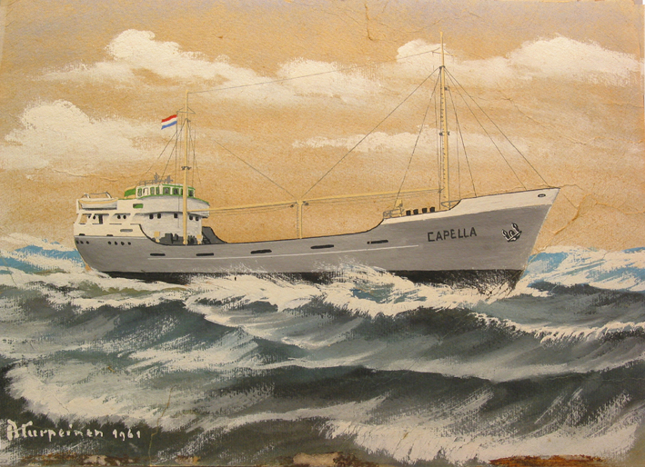 Scheepsportret in gouache geschilderd van de kustvaarder "Capella", A. Turpeinen, 1961
