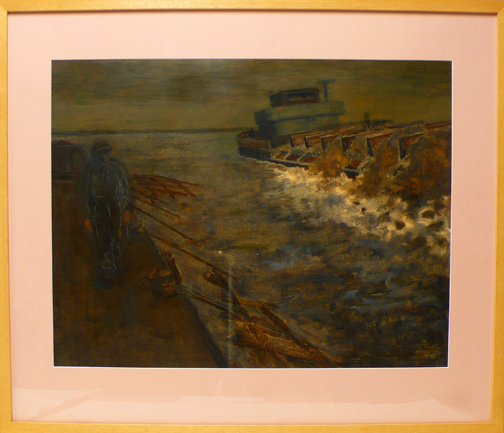 Eemshaven, het storten van de basaltblokken op de zinkstukken, olieverf op doek, M. Klompien, 1972