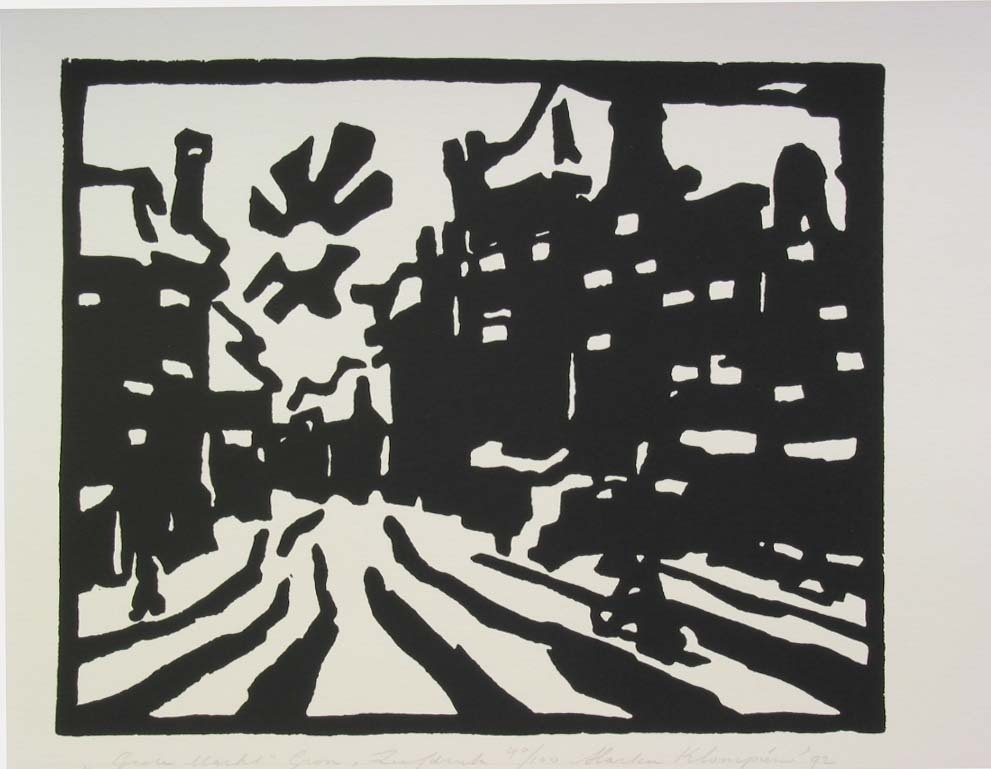 Grote Markt Groningen, houtsnede door M. Klompien, 1992