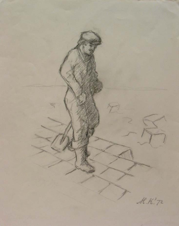 Dijkwerker Eemshaven, potloodtekening, M. Klompien, 1972