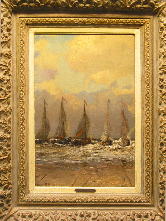 Bomschuiten in de branding, olieverf op doek door B.J. Blommers, circa 1900.