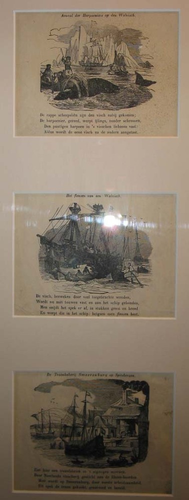 Drie centprenten met gedichten over de walvisvaart, gravures