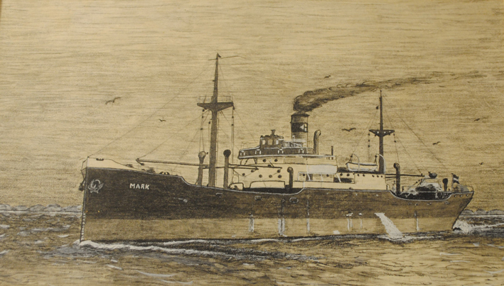 Scheepsportret van het stoomschip 'Mark', tekening door E. Houwerzijl