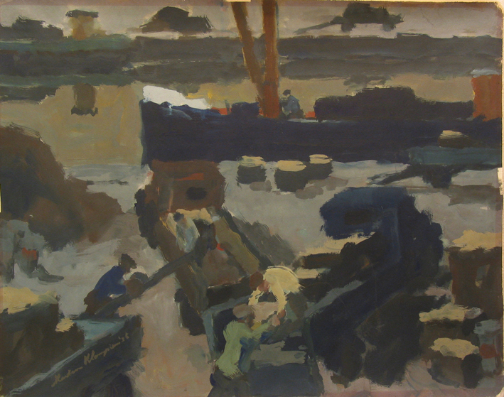 Ladend of lossend beurtschip, vanaf vrachtwagens. Marten Klompien, 1956.