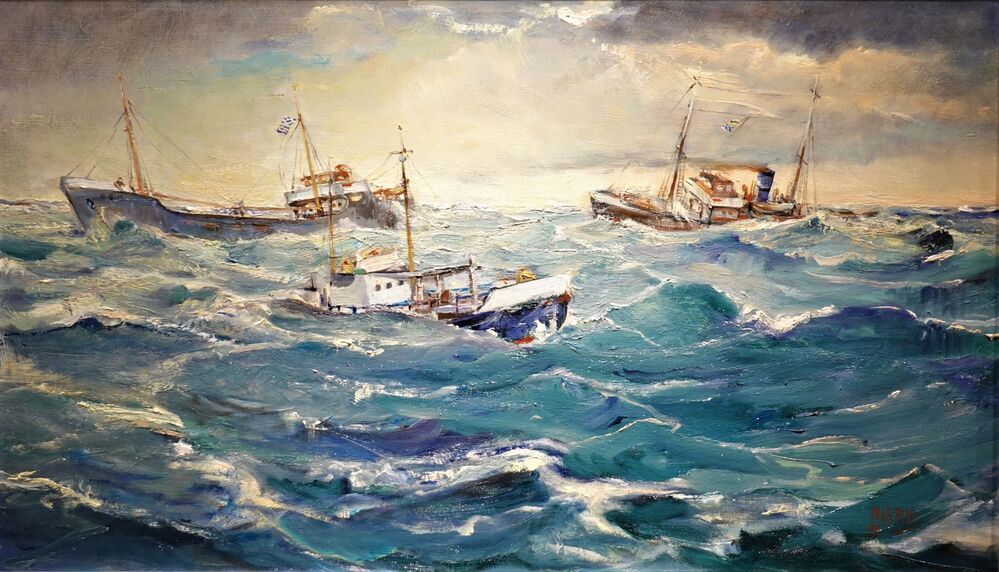 Drie schepen op een woeste zee, en coaster, een stoomschip en een reddingboot, olieverf op doek door G.G. Martens, 1956.