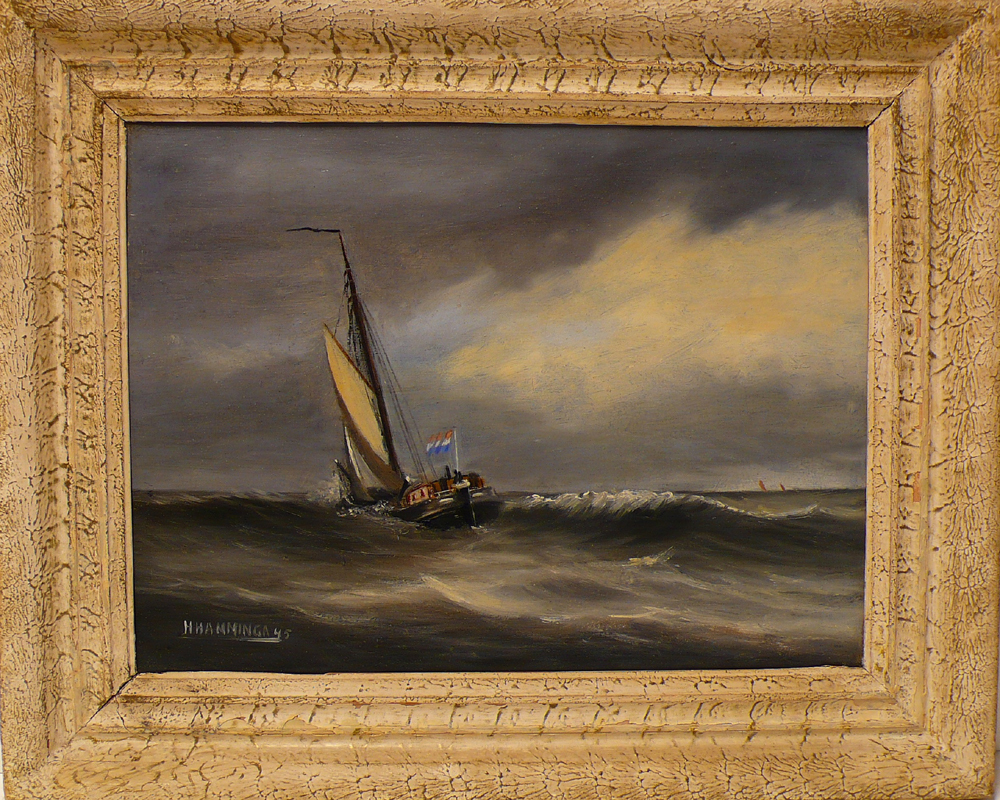 Zeegezicht met zeilende tjalk, olieverf op doek door H. Hamminga, 1945.