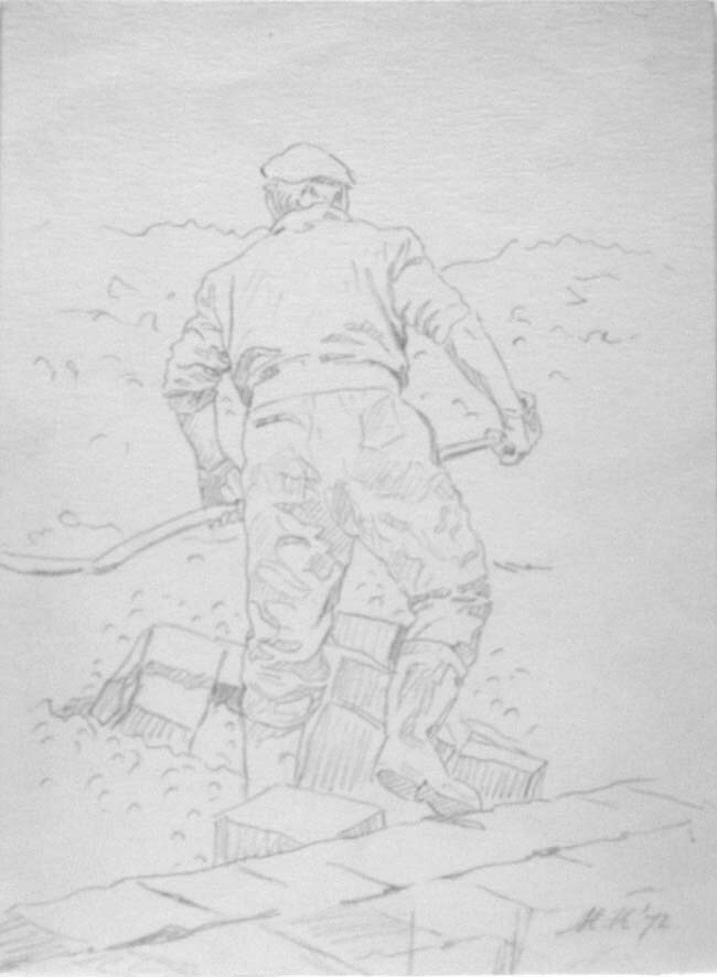 Dijkwerker Eemshaven, potloodtekening, M. Klompien, 1972