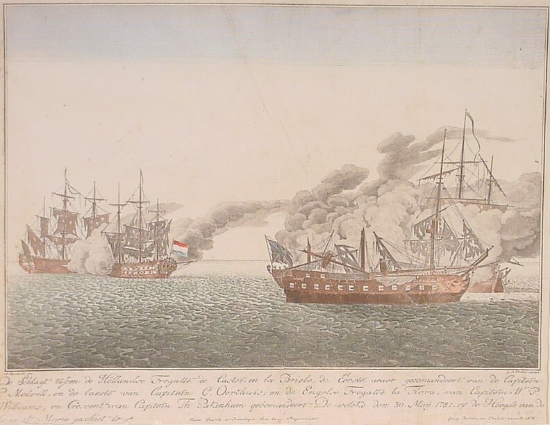 'De Schlagt tussen de Hollandse fregatte de Castor en la Briele, de eerste waer gecomandeert van Capitein P. Melvill, en de laetste van Capitein G. Oorthuis, en de Engelse Fregatte La Flora, van Capitein W. P. Williams en Crescent van Capitein Th. Pakenham gecomandeert. De welcke den 30. Maij 1781 op de Hoogde van de Caap St. Marie geschiet is. ', opticaprent door G.M. Probst sculps. en Georg Balthasar Probst excud. A.V. (naar een tekening van A. Rooland fec.), 1781