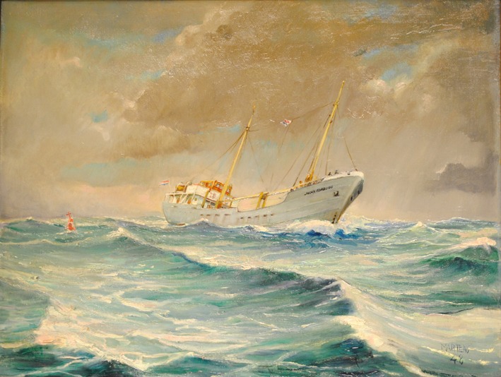De kustvaarder 'Jacob Oorburg' in volle zee, olieverf op doek door G.G. Martens, 1948.