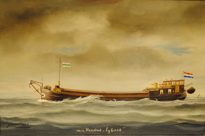 Scheepsportret van het binnenvaartschip m/s 'Hendrik-Egbert', olieverf op doek, door H. Hamminga, ongedateerd.