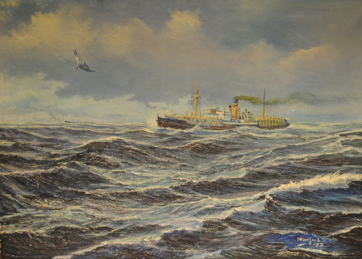 Stoomschip 'Winsum', olieverf op doek door D. Monsma, 1953.