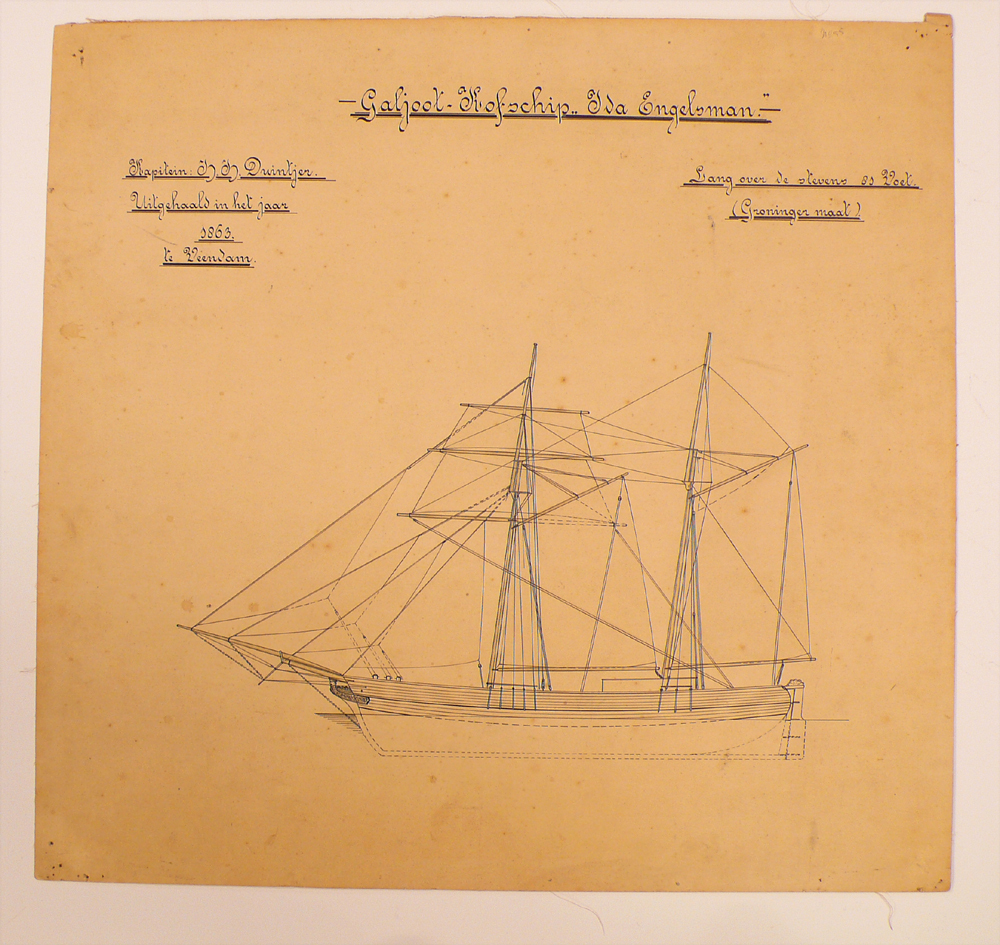 De galjoot-kofschip "Ida Engelsman", pentekening, vermoedelijk van ir. A. Roorda, voor 1932
