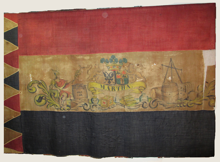 Vlag van het beurtschip "Martha" dat voer van Rotterdam op Groningen met voorstelling van Mercurius, god van de koophandel, vervaardigd rond 1870 door F.H. Pijnappels.