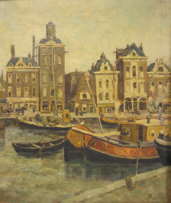 Westerhaven met schepen en huizen langs de A-weg, olieverf op doek door Blauw, 1e helft 20e eeuw.