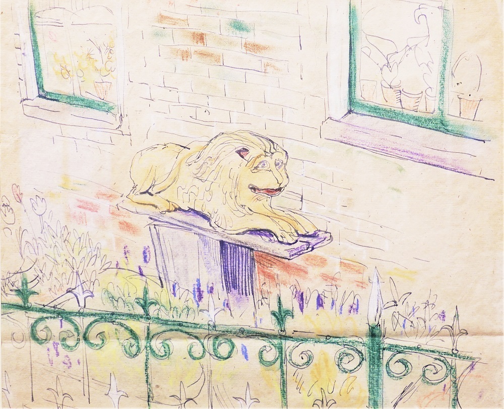 Kunstwerk van de houtgestoken en vergulde leeuw van het roer van de 'Alida' staand in een perkje voor het (inmiddels afgebroken) woonhuis van George Martens aan het Gedempte Kattendiep nr. 40, tekening in inkt en gekleurde crayons uit een niet gesigneerd schetsboekblad van Johan Dijkstra, circa 1930-1935