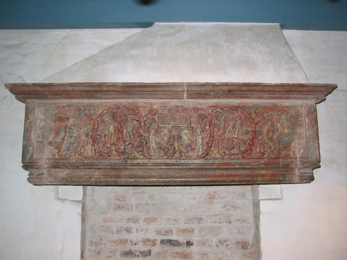 Schouw of natuurstenen latei met gebeeldhouwde versiering, 1540.