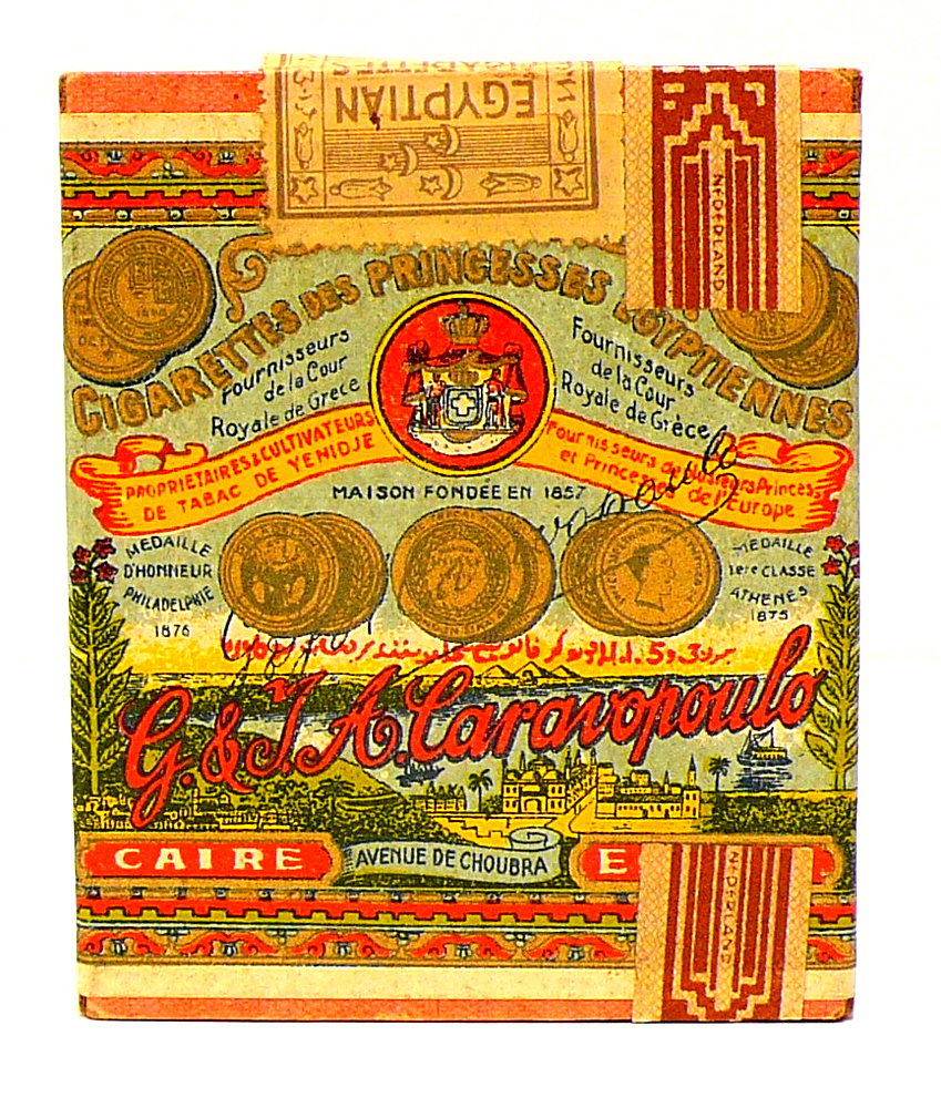 Pakje Egyptische sigaretten. "Cigarettes des princesses Egyptiennes" Gemaakt door: G. & J.A. Caraiopoulo