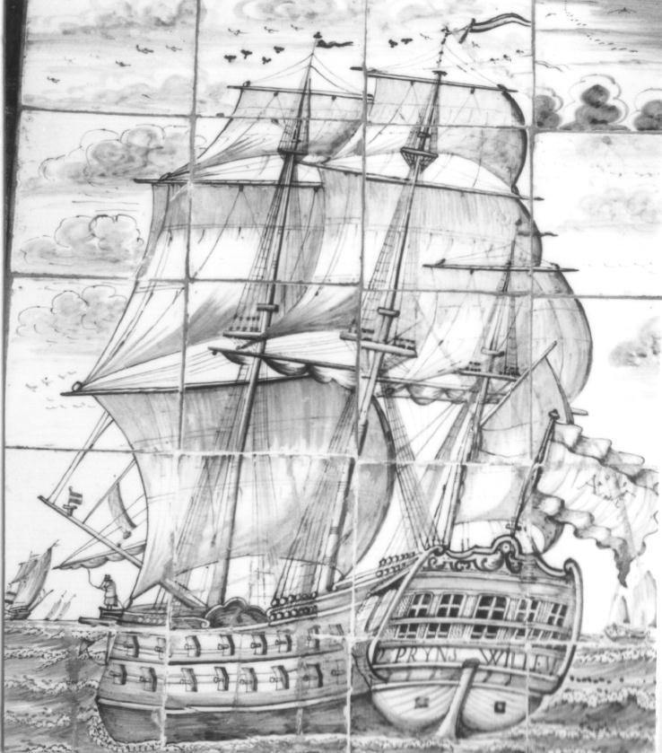 Tegeltableau met het fregat Pryns Willem, 18e eeuw