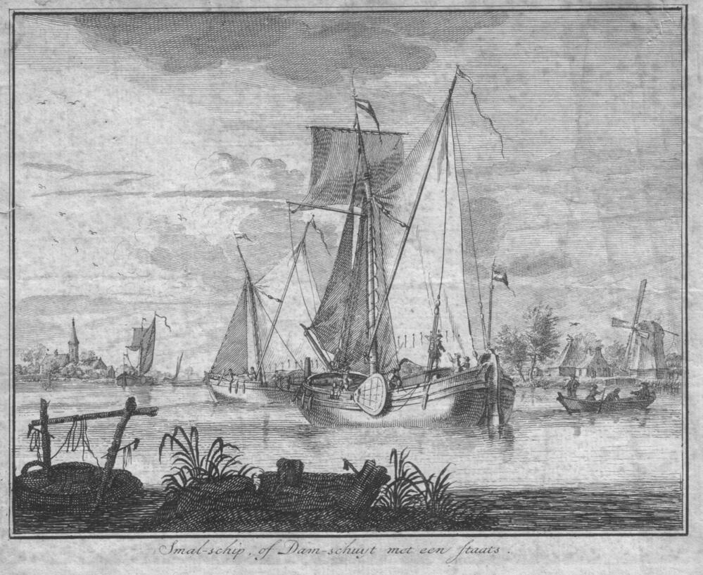 Smalschip of damschuyt met een staats, gravure door A. van der Laan en S. van der Meulen, eerste helft 18e eeuw