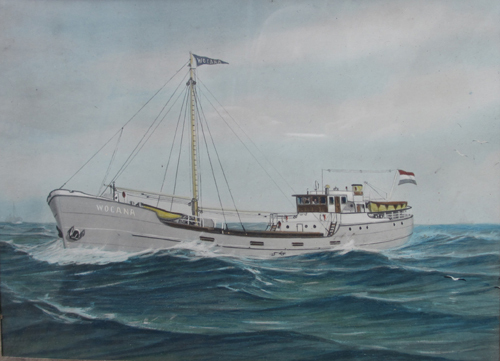 Scheepsportret van de kustvaarder Wocana, aquarel door C. Meulande, 1937