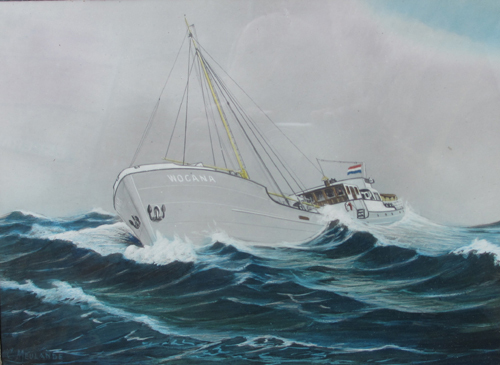 Scheepsportret van de kustvaarder Wocana, aquarel door C. Meulande, 1937