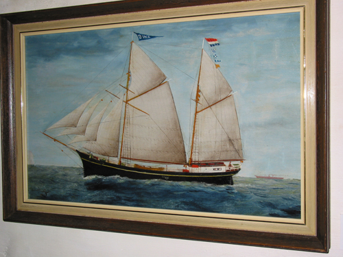 Scheepsportret van de schoener 'Dina', olieverf op papier door Johansen, 1902.