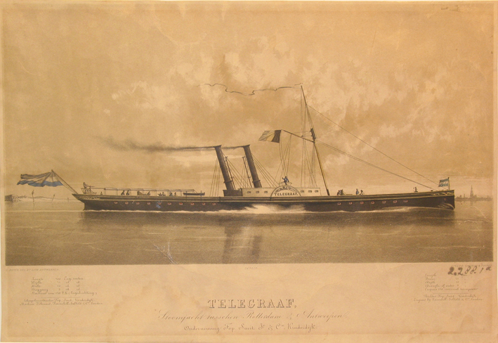 Telegraaf, stoomjacht tussen Rotterdam en Antwerpen, lithografie, 1850-1900