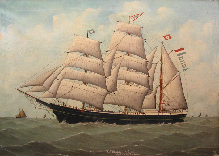 Scheepsportret van de bark 'Magdalene', olieverf op doek door G. Larke, ca. 1900.