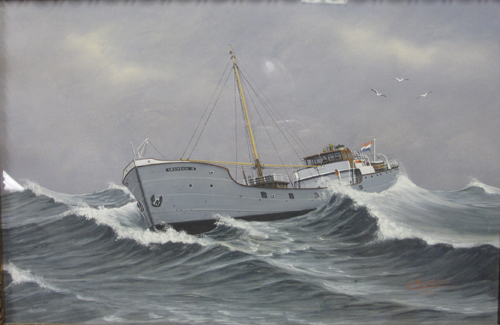 Scheepsportret van de kustvaarder Cornelia B. op volle zee, gouache door C. Meulande, 1935