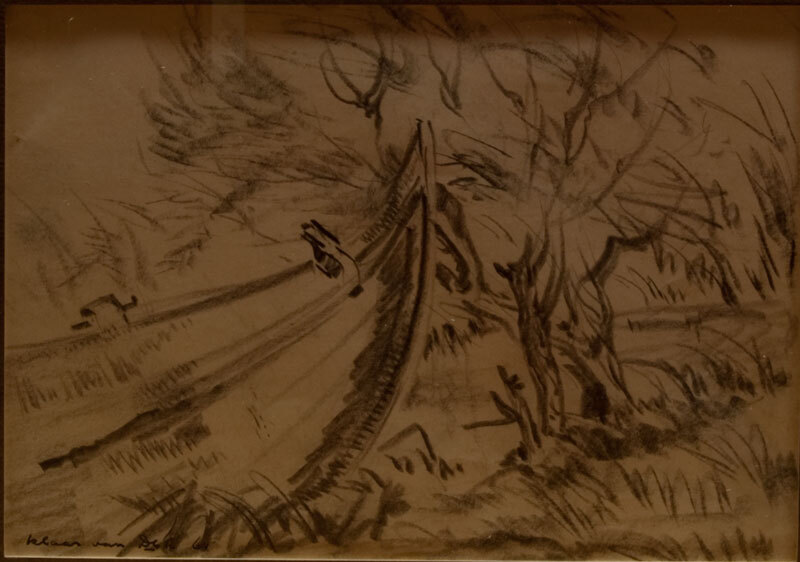 Kop van een botter, die voor de sloop ligt in het Aduarderdiep, potloodtekening door K.H. van Dijk, 1961