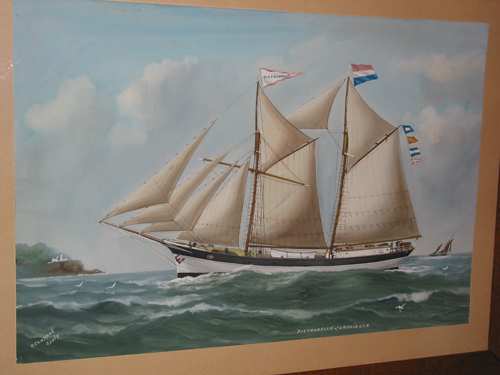 Scheepsportret van de gaffelschoener Pietronella, kapitein Warnder Kramer, aquarel door Reuben Chappel, 1900