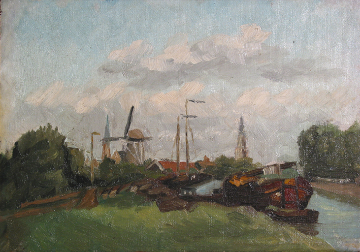 Het Winschoterdiep in Groningen rond 1930, met op de voorgrond scheepswerf J. Vos & Zn., olieverf op doek door J. Ates, circa 1930.