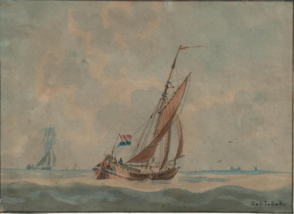 Hektjalk met gaffeltuig op zee, aquarel door Joseph Sipkes, 1843