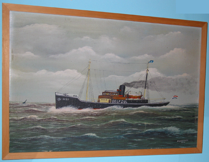 Scheepsportret van het loodsschip 'N. 21' van Delfzijl, olieverf op doek door H. Geertsema, 1952.