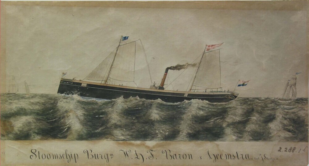 De stoomboot 'Burg. W.H.F. Baron van Heemstra', schilderij door C.S. Postuma Jr., 1869.