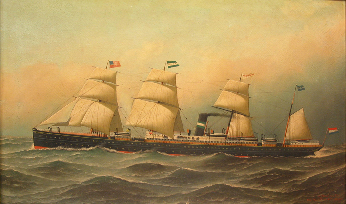 Scheepsportret van het stoomschip 'Veendam', olieverf op doek door A. Jacobsen, 1889.